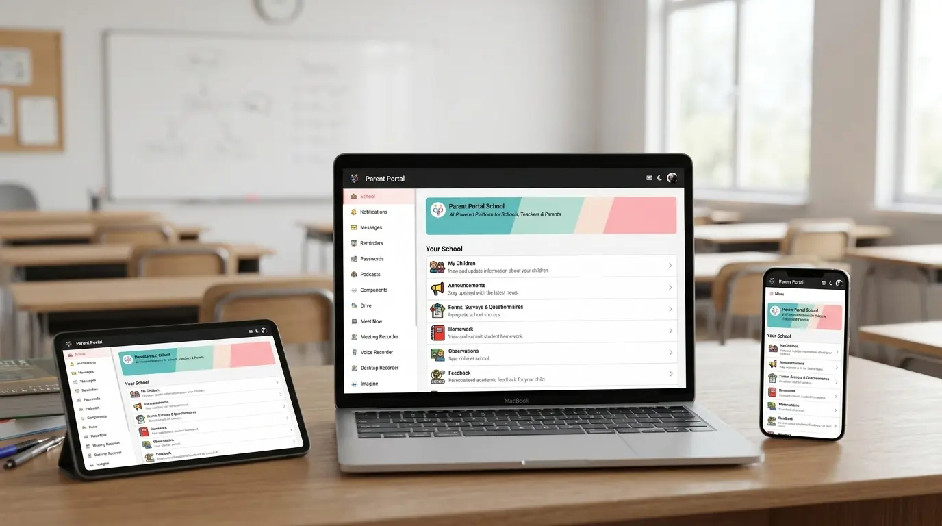 Parent Portal displayed across a laptop, tablet and phone in a classroom